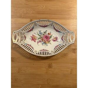 Vintage German Porcelain Reticulated Serving Dish Dresden Floral w Gold Handles